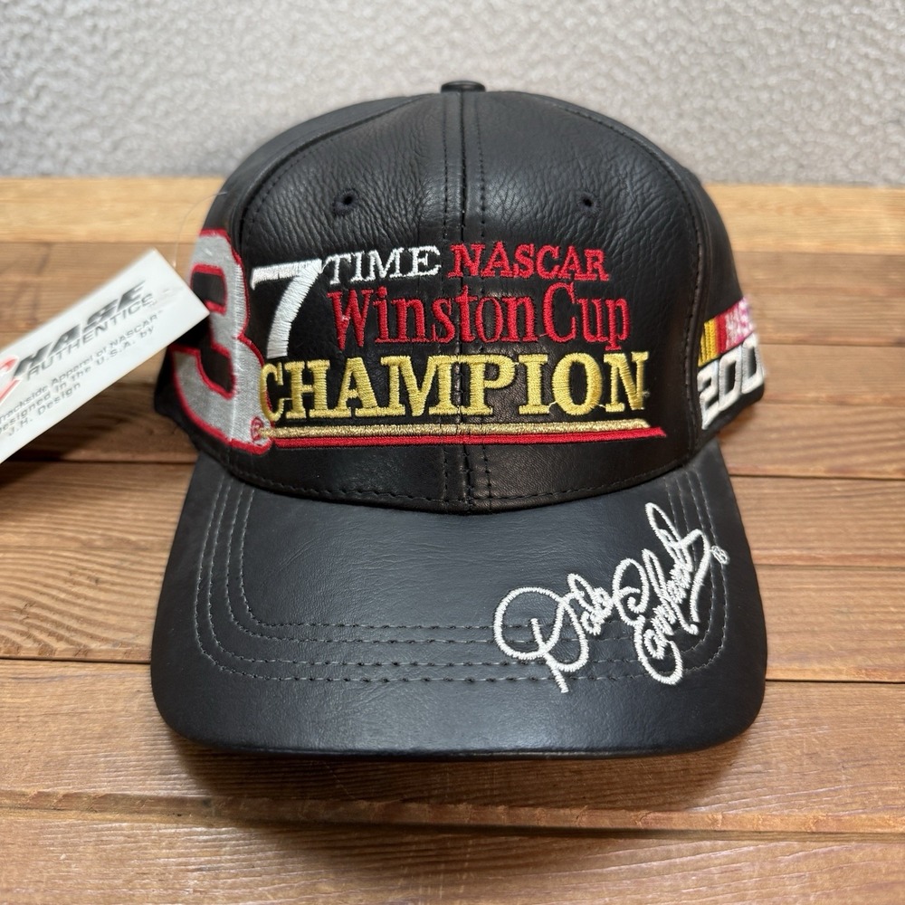 Vintage Nascar Hat Mens Black Strap Back Leather Cap Dale‎ Earnhardt 90s Y2K